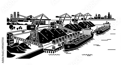 Industrial Port Scene with Cranes and Cargo Ships Illustration.