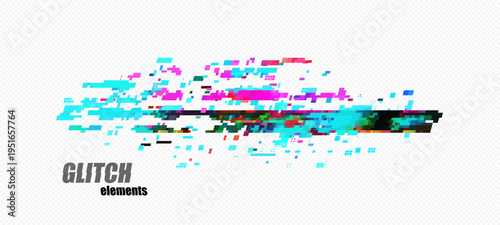 Abstract pixel glitch with right dark block, cyan mass and magenta accents, scattered pixels on checkerboard transparency grid for tech headers and overlays, vector.