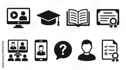A collection of black and white icons representing online education, e-learning, and digital learning concepts, including graduation, books, and digital devices.