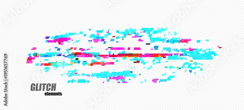 Abstract pixel glitch with wide cyan field, magenta accents and a thin red line, scattered fragments on transparency grid for digital distortion banners and overlays, vector.