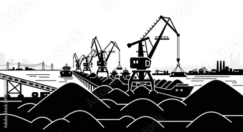 Industrial Port Scene with Cranes and Cargo Ships in Silhouette.