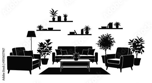 A minimalist living room interior is depicted in stark black and white showcasing furniture and plants as a silhouette high quality