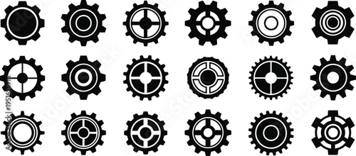 Collection of 16 gear silhouettes and shapes in various designs silhouette
