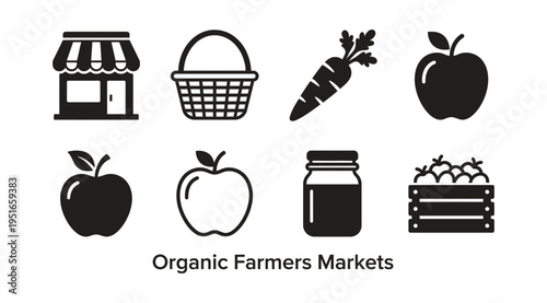 A collection of icons representing organic farmers markets, including a store, basket, carrot, apples, jar, and crate, symbolizing fresh produce and sustainable shopping.
