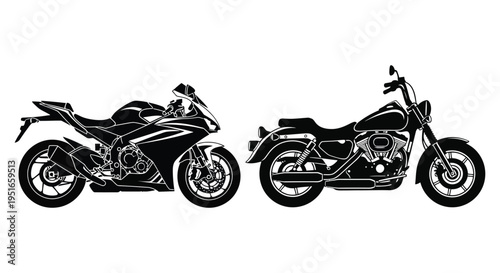 Two motorcycles a sportbike and a cruiser are displayed in a stark black and white depiction silhouette high quality professional detailed