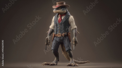 Anthropomorphic Lizard Cowboy Character Wearing Western Vest and Fedora Hat