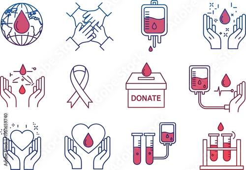 A set of icons illustrates blood donation concepts including global awareness, hands holding blood, and transfusion equipment.