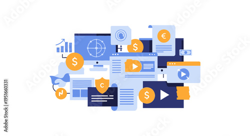 Digital Business and Finance Management Concept Illustration. Online Marketing, Data Security, Content Monetization, and E-commerce Vector.