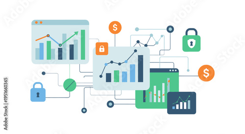 Financial Data Security and Growth Analysis Concept. Digital Business Intelligence Network with Secure Metrics and Upward Trend Charts.