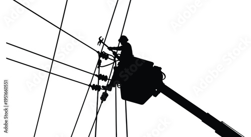 A lineman skillfully repairs high voltage electrical lines from a bucket truck depicted in black silhouette high quality professional detailed modern elegant