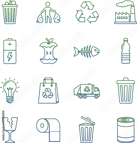 A collection of line art icons represents various aspects of waste management, recycling, and environmental disposal methods.