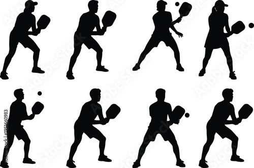 Dynamic silhouettes of diverse pickleball players in action, showcasing various serves and powerful volleys on an invisible court, emphasizing active leisure and competitive sport.