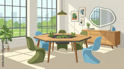 Modern dining room interior with green and blue chairs wooden table and large windows
