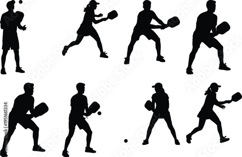 Variety of pickleball player silhouettes engaged in different game scenarios, from preparing to serve to executing a powerful shot, highlighting the dynamic and engaging nature of the sport.