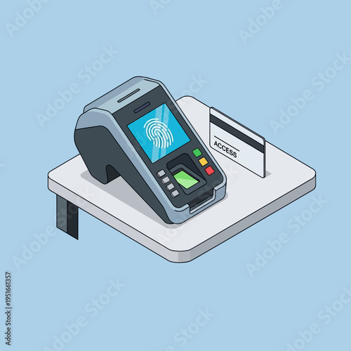 Isometric illustration of a point of sale terminal with fingerprint scanner and credit card.