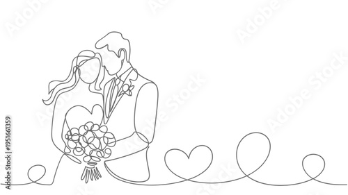 Line art illustration of a couple embracing during a wedding ceremony