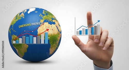 Hand holding graph chart with emerging markets globe on white background