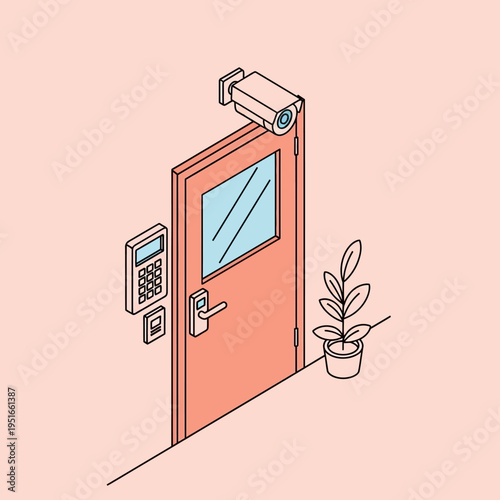 Isometric view of a security door with a keypad, camera, and potted plant.