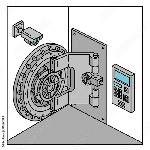 An illustration of a bank vault with a security camera and keypad for access.