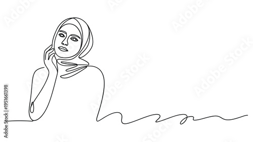 Elegant line art portrait of a woman wearing a hijab and thoughtful expression