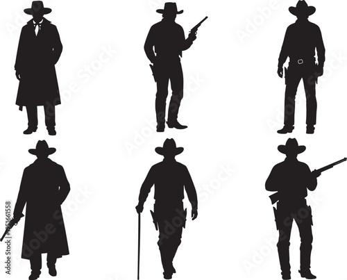 Cowboy silhouettes vector illustration, western gunslinger poses, wild west cowboy culture, ranch cowboy icons, cowboy hat, cowboy boots
