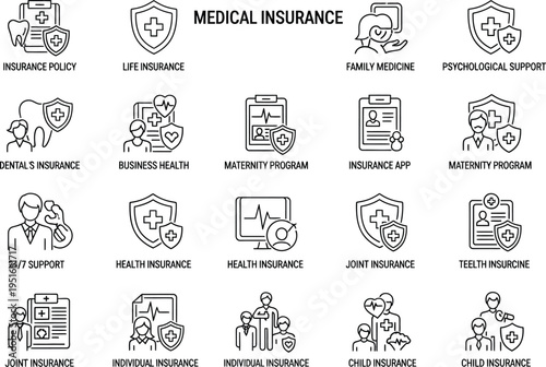 A grid of monochrome line icons communicates various types of medical insurance coverage options, including dental, life, health, and family planning programs.