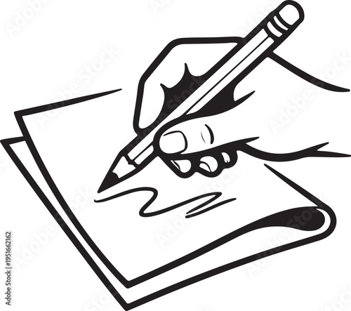 A hand holding a pencil appears to write or draw on a sheet of paper depicted in a striking silhouette