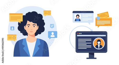 CRM System and Customer Service Representative Concept. Business woman managing user data flow and digital communication on screen.