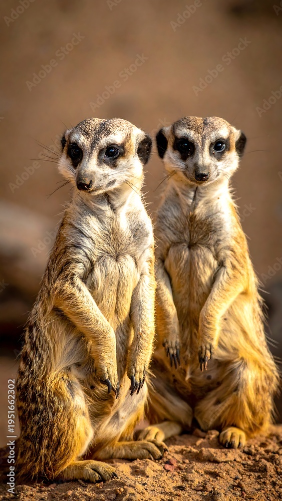 Fototapeta premium Two meerkats stand upright against an earthy backdrop, gazing with curious expressions