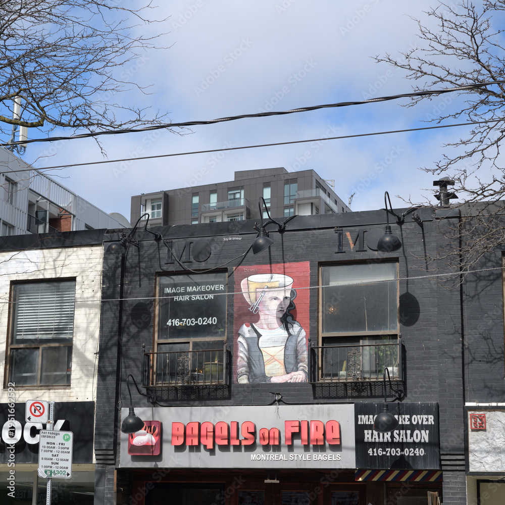 Fototapeta premium signs for Image Make Over (a hair salon) and Bagels on Fire (a bakery) at 426 Queen St W, Toronto