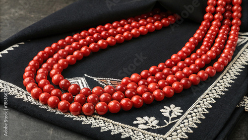 Rich vibrant red coral bead necklace featuring multiple strands elegantly displayed upon dark embroidered fabric