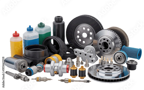 Collection of assorted automotive spare parts and fluids, including brake discs, filters, tires, oil, and coolant, for vehicle maintenance and repair, industrial, and mechanical themes