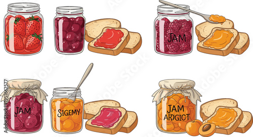 Fruit Jam Jars with Labels and Slices of Toast for Homemade Spread Illustration