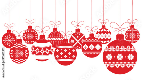 A collection of vibrant red christmas ornaments hanging on delicate strings