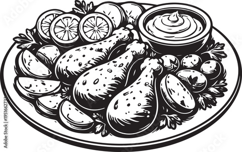 A detailed illustration presents a platter of fried chicken citrus slices and dipping sauce rendered as a silhouette high quality