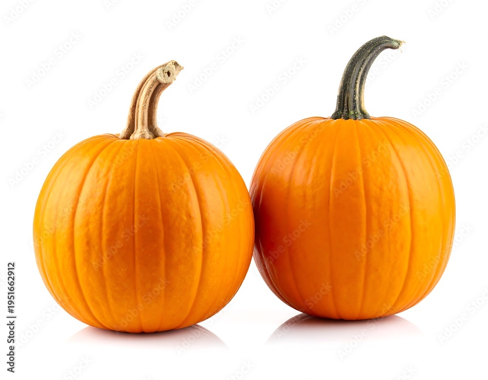 Obraz premium Two orange pumpkins, side by side, against a white background