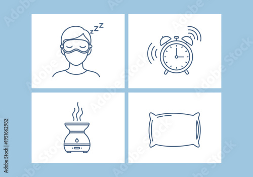 A set of four simple line icons illustrates components necessary for restful sleep, including a person wearing a mask, an alarm clock, an aroma diffuser, and a pillow.