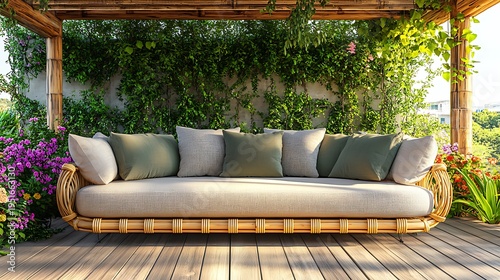 Lush garden oasis with rattan sofa with tranquil outdoor living space.
