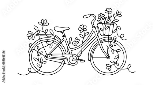 Bicycle with Flowers Growing Continuous Single Line Minimalist Eco Transport Line Art Illustration