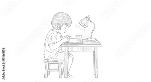 Young child diligently studying at a desk with a lamp.
