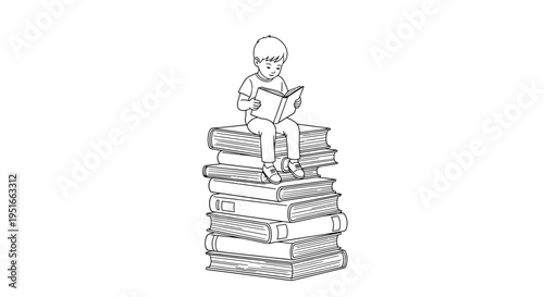 Young child engrossed in reading while sitting atop a tall stack of books.