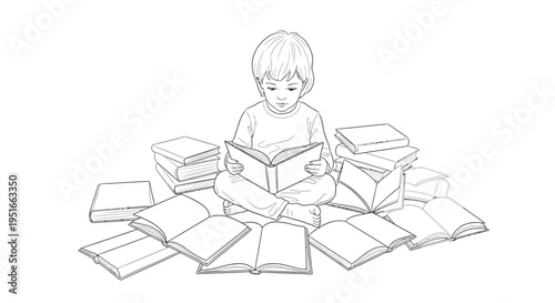 Young child immersed in reading surrounded by many books.