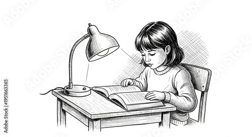 Young girl diligently studying a book under a desk lamp.