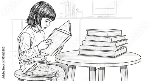 Young girl engrossed in reading a book at a table.