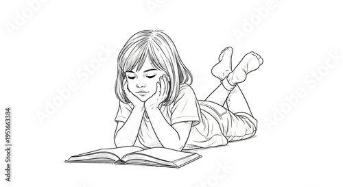 Young girl engrossed in reading a book while lying down.