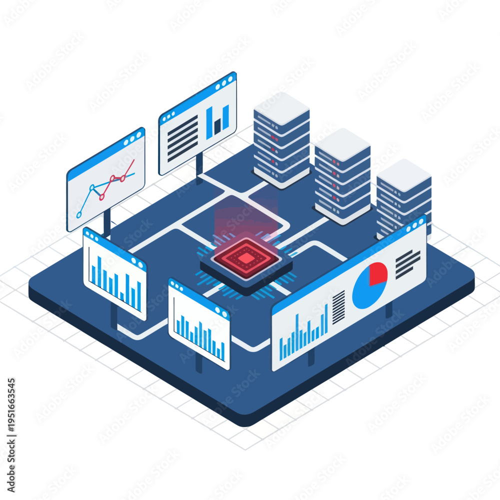 Fototapeta premium Data Analytics Platform with Central Processing Unit and Visualized Data.