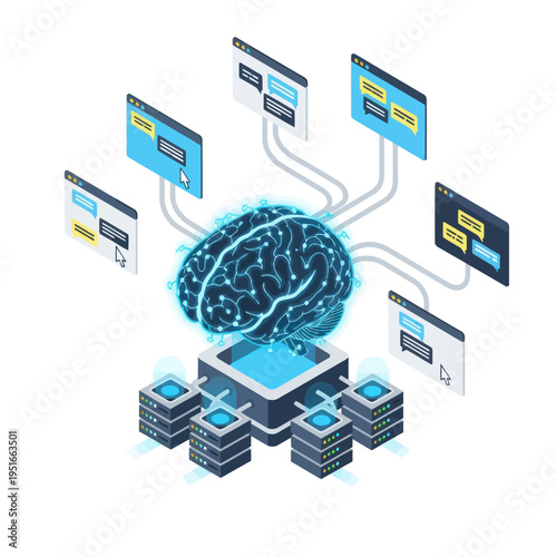 Isometric AI Brain Connected to Servers and Data Screens Illustration.