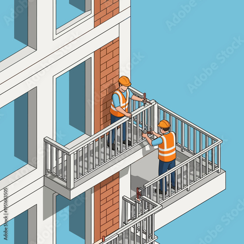 Two construction workers installing a balcony railing on a modern building facade.