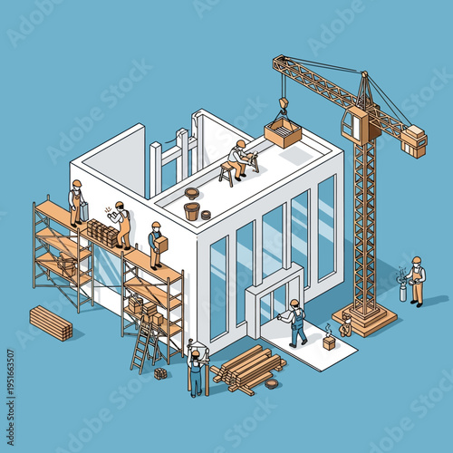Isometric illustration of a building under construction with workers and equipment.