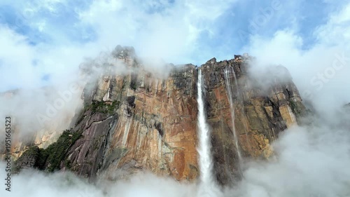 Aerial drone view of Angel Falls cascading from the Auyan tepui mountain in Canaima National Park, Venezuela, the tallest waterfall in the world
